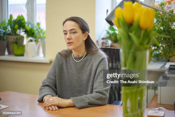 Oleksandra Matviichuk speaks during the Asahi Shimbun interview on February 20, 2024 in Kyiv, Ukraine.