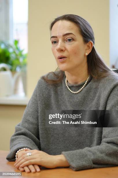 Oleksandra Matviichuk speaks during the Asahi Shimbun interview on February 20, 2024 in Kyiv, Ukraine.