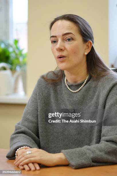 Oleksandra Matviichuk speaks during the Asahi Shimbun interview on February 20, 2024 in Kyiv, Ukraine.