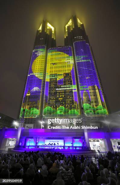 Projection mapping using the entire wall of the Tokyo Metropolitan Government Building begins on February 25, 2024 in Tokyo, Japan. The projection...