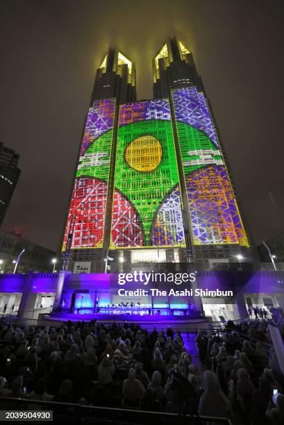 Projection mapping using the entire wall of the Tokyo Metropolitan Government Building begins on February 25, 2024 in Tokyo, Japan. The projection...
