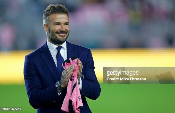 Former English footballer and Inter Miami co-owner David Beckham looks on before the first half against Real Salt Lake at Chase Stadium on February...