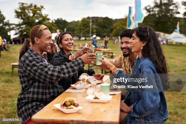 happy couples and friends toasting street food - blue checked pattern stock pictures, royalty-free photos & images