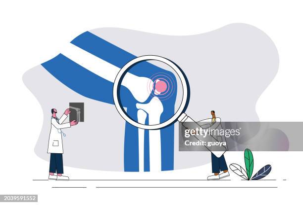 two male doctors examining knee joints, orthopedic health protection concept illustration. two male doctors examining knee joints, orthopedic health protection concept illustration. - anterior cruciate ligament stock illustrations