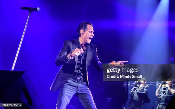 Marc Anthony performs during a stop of the Historia Tour 2024 at Michelob ULTRA Arena on February 25, 2024 in Las Vegas, Nevada.