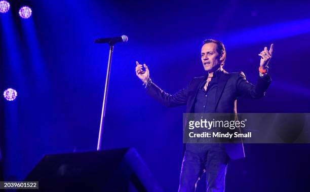 Marc Anthony performs during a stop of the Historia Tour 2024 at Michelob ULTRA Arena on February 25, 2024 in Las Vegas, Nevada.
