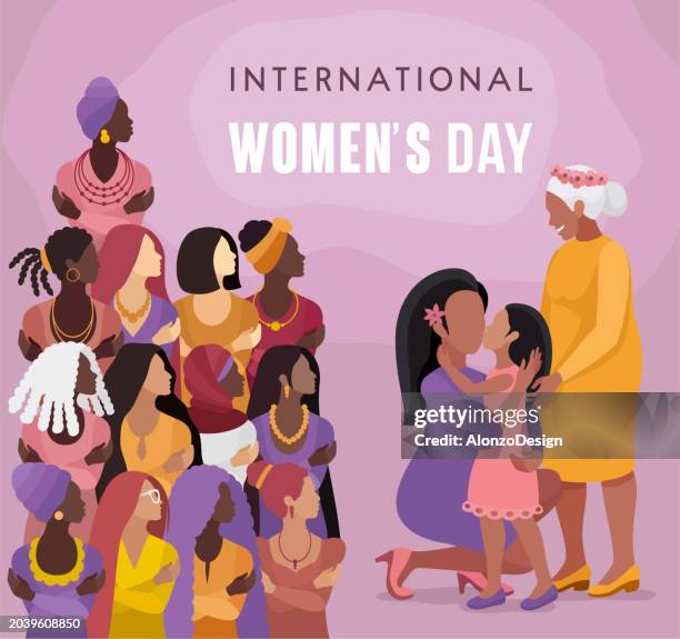 international women’s day banner. multiracial group of women. celebrating mother's day: three generations - grandmother, mother, granddaughter. - arab kids stock illustrations