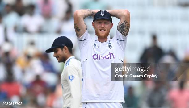 England captain Ben Stokes reacts during day four of the 4th Test Match between India and England at JSCA International Stadium Complex on February...