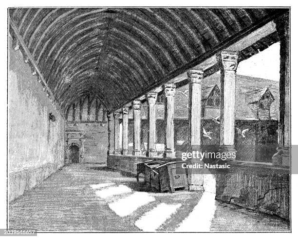 deserted cloister - monastery stock illustrations