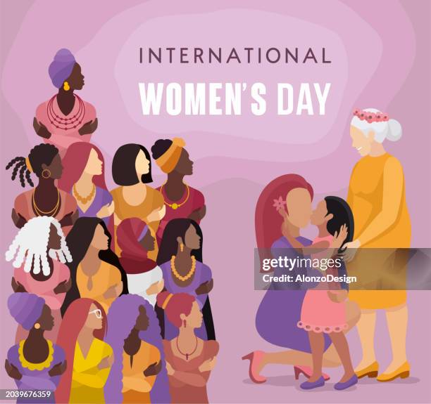 international women’s day banner. multiracial group of women. celebrating mother's day: three generations - grandmother, mother, granddaughter. - emotional intelligence stock illustrations