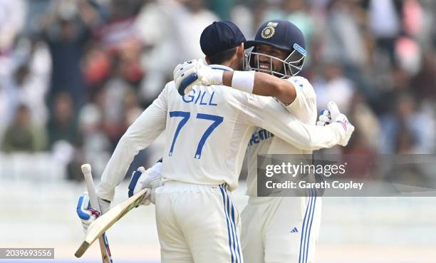 India batsmen Shubman Gill and Dhruv Jurel celebrate their 50 partnership during their 6th wicket partnership during day four of the 4th Test Match...