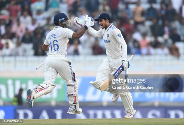 India batsmen Shubman Gill and Dhruv Jurel celebrate the winning runs during day four of the 4th Test Match between India and England at JSCA...