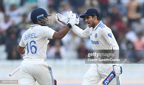 India batsmen Shubman Gill and Dhruv Jurel celebrate the winning runs during day four of the 4th Test Match between India and England at JSCA...