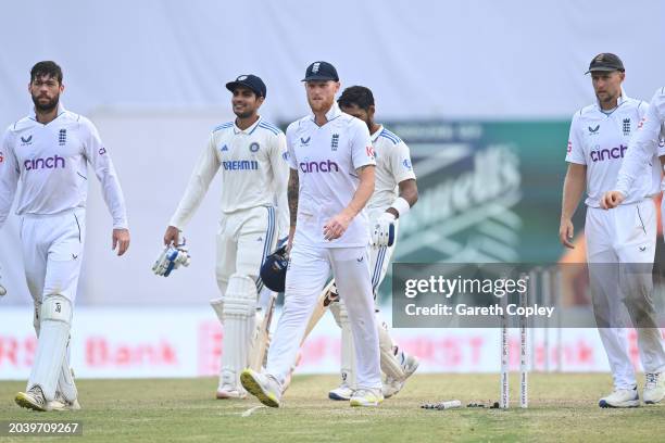 England captain Ben Stokes reacts as he leaves the field after India win the match and the series after day four of the 4th Test Match between India...