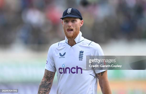 England captain Ben Stokes reacts as he leaves the field after India win the match and the series after day four of the 4th Test Match between India...