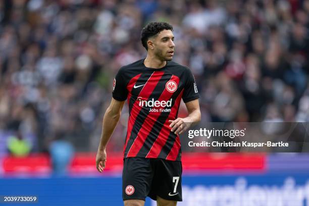 Omar Marmoush of Eintracht Frankfurt reacts during the Bundesliga match between Eintracht Frankfurt and VfL Wolfsburg at Deutsche Bank Park on...