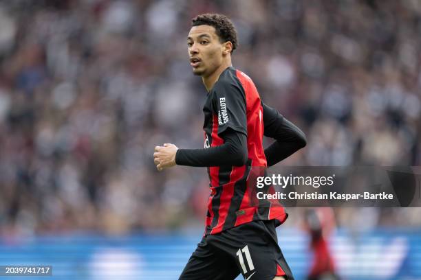 Hugo Ekitike of Eintracht Frankfurt reacts during the Bundesliga match between Eintracht Frankfurt and VfL Wolfsburg at Deutsche Bank Park on...