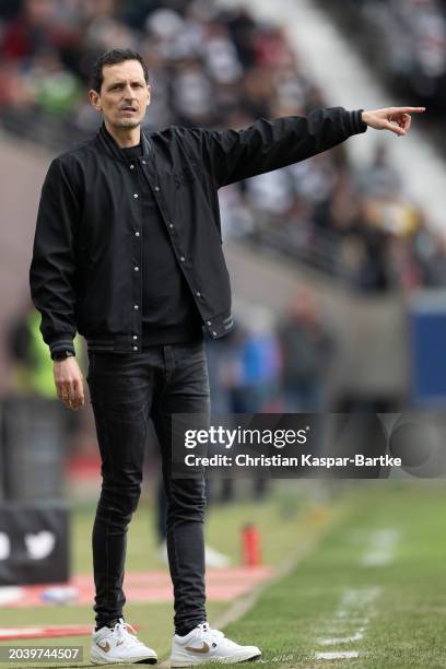 Dino Toppmoeller, Head coach of Eintracht Frankfurt reacts during the Bundesliga match between Eintracht Frankfurt and VfL Wolfsburg at Deutsche Bank...