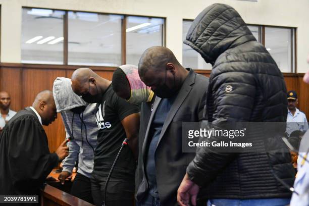 Suspects during the AKA murder case at Durban Magistrate's Court on February 29, 2024 in Durban, South Africa. The suspects face charges of murder,...