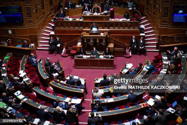 View of the hemicycle of the French Senate in Paris during the debate on enshrining abortion in the Constitution, on February 28, 2024. The French...