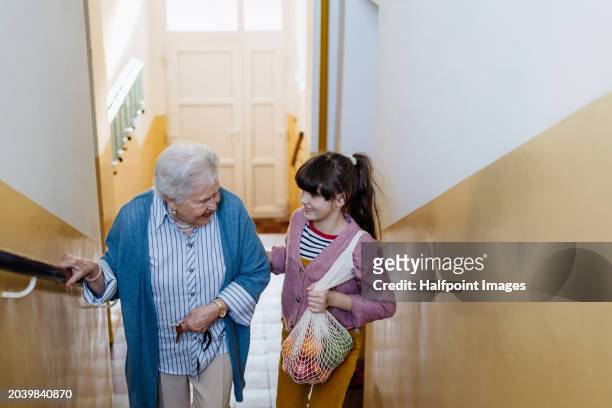 granddaughter helping senior grandmother walk up the stairs, going grocery shopping. girl holding hand of her elderly woman, providing stability while walking. - world kindness day stock-fotos und bilder