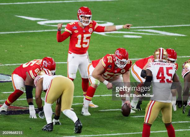 Quarterback Patrick Mahomes of the Kansas City Chiefs calls a play at the line of scrimmage against the San Francisco 49ers in the second quarter of...