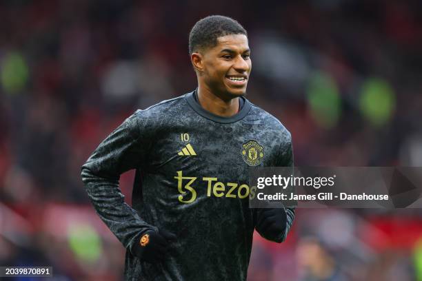 Marcus Rashford of Manchester United prior to the Premier League match between Manchester United and Fulham FC at Old Trafford on February 24, 2024...