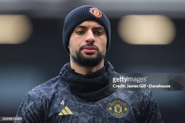Sofyan Amrabat of Manchester United prior to the Premier League match between Manchester United and Fulham FC at Old Trafford on February 24, 2024 in...