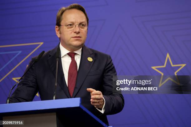European Commissioner for Neighbourhood and Enlargement Oliver Varhely addresses a joint press conference with Albania's Prime Minister as part of...