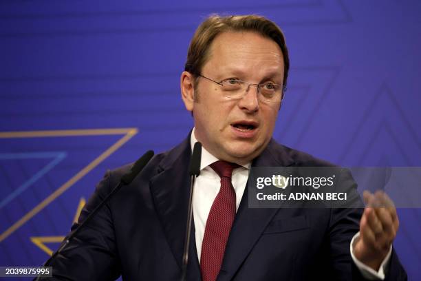 European Commissioner for Neighbourhood and Enlargement Oliver Varhely addresses a joint press conference with Albania's Prime Minister as part of...