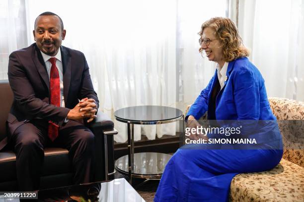 Prime Minister of Ethiopia Abiy Ahmed, chats with Executive director of the UN Environment Programme Inger Andersen, moments before attending the...