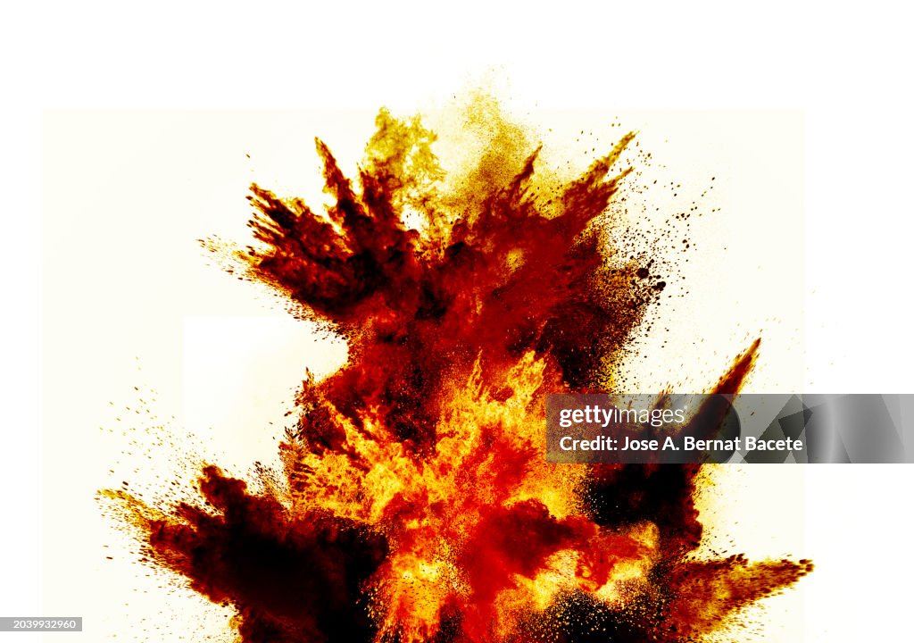 Multiple ascending explosions of smoke and fire upon impact on a white background.