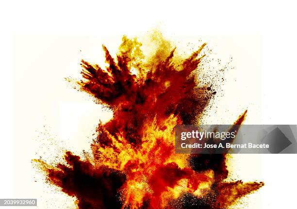 multiple ascending explosions of smoke and fire upon impact on a white background. - esplosivo foto e immagini stock