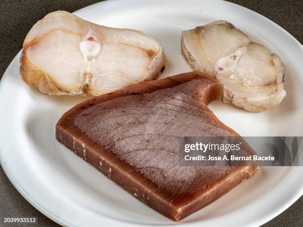 frozen hake and tuna fillets on a plate, thawed in the kitchen to prepare food. - frozen fish fillets stockfoto's en -beelden