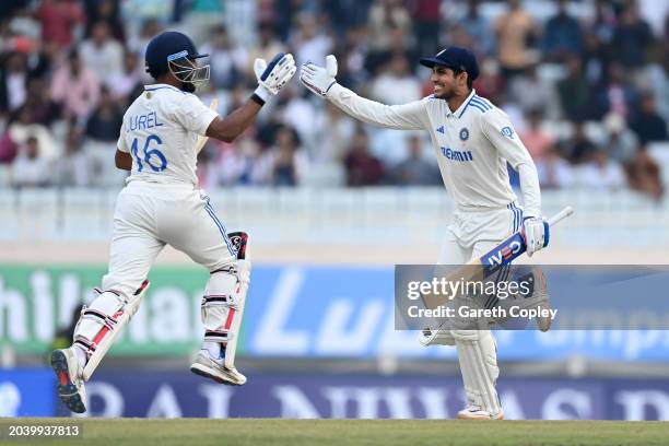 India batsmen Shubman Gill and Dhruv Jurel celebrate the winning runs during day four of the 4th Test Match between India and England at JSCA...