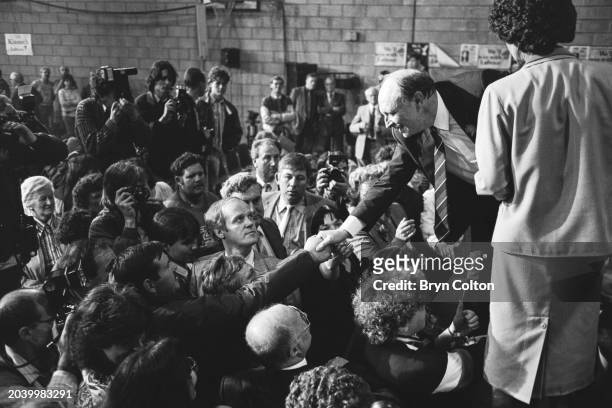 Leader of the Labour Party Neil Kinnock on election day during the 1987 UK general election at Pontllanfraith leisure centre in Pontllanfraith,...