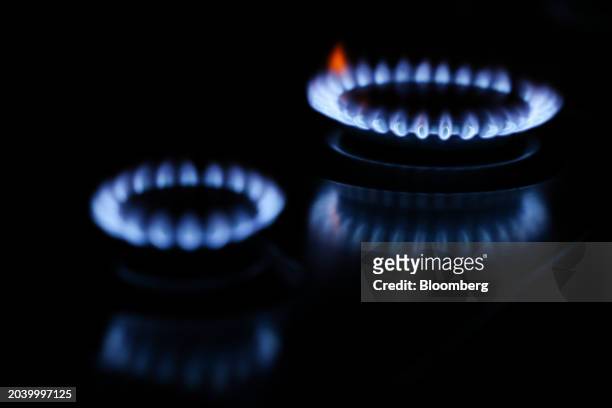 Gas burns on a domestic cooking hob inside a residential apartment in London, UK, on Wednesday, Feb. 28, 2024. Debt owed to suppliers on energy bills...