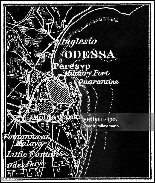 old chromolithograph map of odessa, the third most populous city and municipality in ukraine and a major seaport and transport hub located in the south-west of the country, on the northwestern shore of the black sea - northwestern stock pictures, royalty-free photos & images