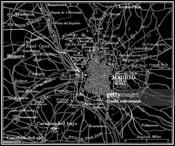 old chromolithograph map of madrid, capital and most populous city of spain - town stock illustrations stock pictures, royalty-free photos & images