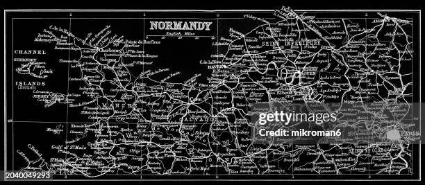 old chromolithograph map of normandy, a geographical and cultural region in northwestern europe, roughly coextensive with the historical duchy of normandy - northwestern stock pictures, royalty-free photos & images
