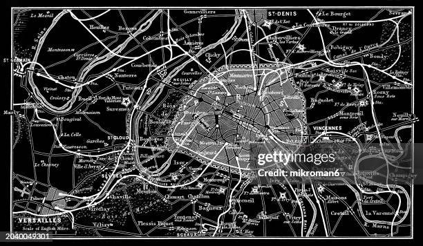 old chromolithograph map of paris, capital and most populous city of france - yvelines stock pictures, royalty-free photos & images