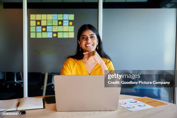 smiling young businesswoman working on a laptop in an office meeting room - people of india stock pictures, royalty-free photos & images