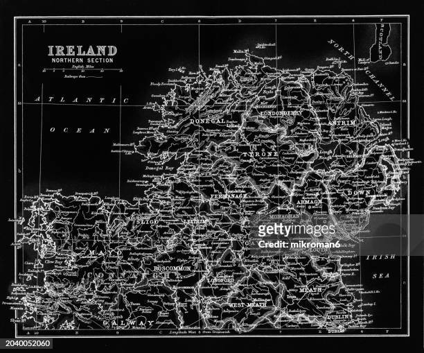 old chromolithograph map of ireland, northern section - derry northern ireland stock pictures, royalty-free photos & images