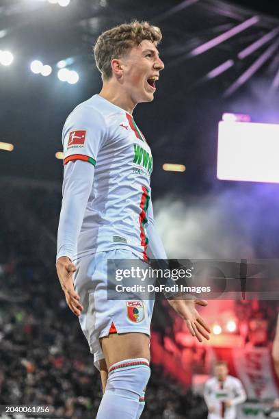 Arne Engels of FC Augsburg celebrates after scoring his team's second goal during the Bundesliga match between FC Augsburg and Sport-Club Freiburg at...