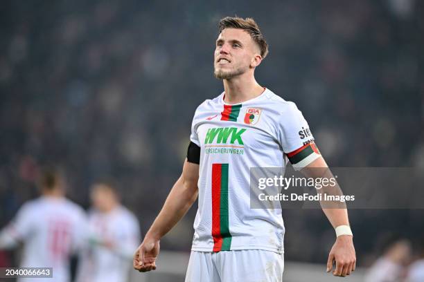 Ermedin Demirovic of FC Augsburg gestures during the Bundesliga match between FC Augsburg and Sport-Club Freiburg at WWK-Arena on February 25, 2024...