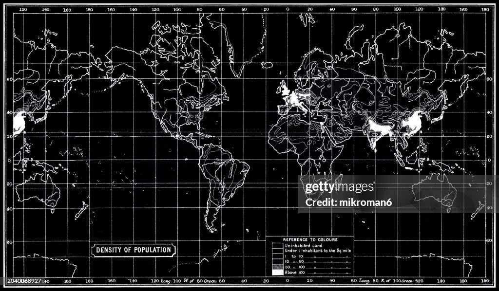 Old chromolithograph map of population density of the Earth (World)