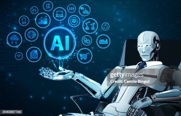 android robot and artificial intelligence technology concept - robot icon vector stock illustrations