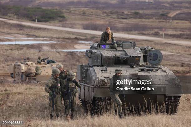 Spanish troops with a Spanish Armed Forces Pizarro variant of the ASCOD armoured fighting vehicle take part in the NATO "Brilliant Jump" military...