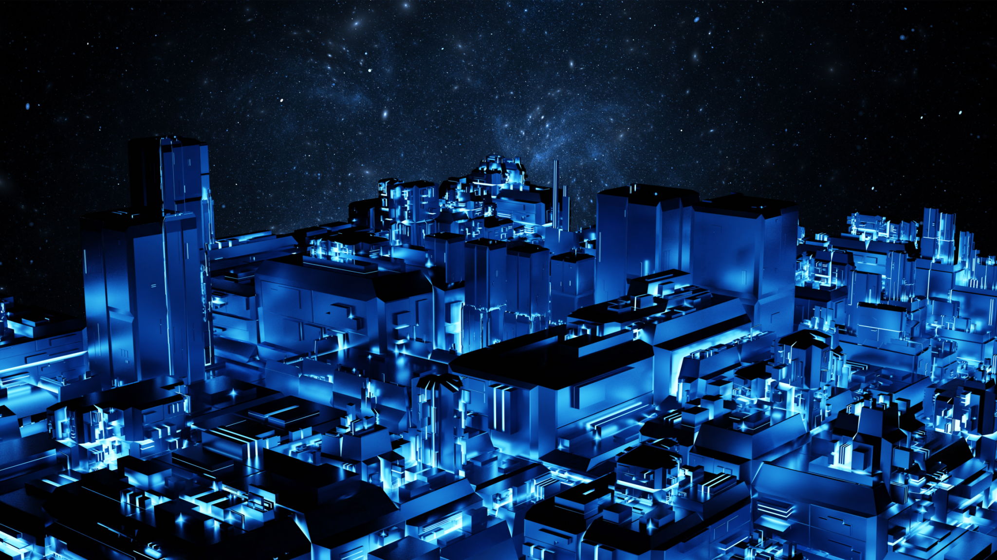 Futuristic cityscape bathed in neon blue lights under a starry night sky. 3d render Futuristic cityscape bathed in neon blue lights under a starry night sky. 3d render