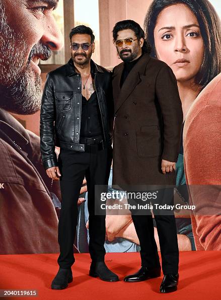 Ajay Wanda R Bollywood actors Ajay Devgn and R Madhavan attends the trailer launch ...